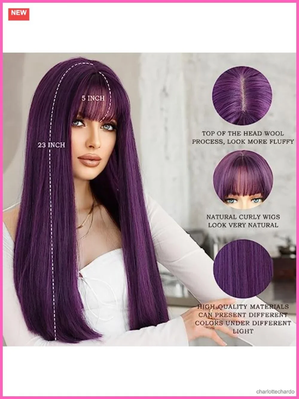Women's Dark Purple Long Straight Synthetic Wig with Bangs for Cosplay Daily Use